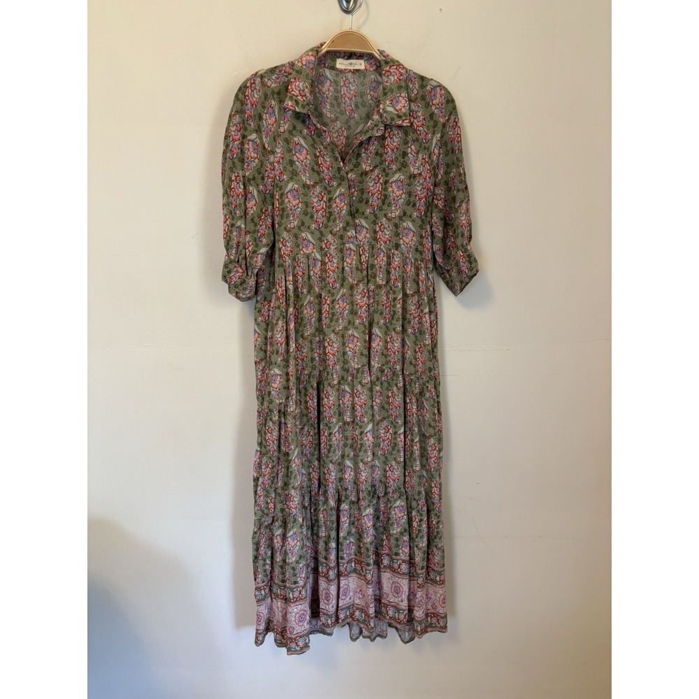 Natural Life Rebecca Rayon Midi Dress Medium Tiered Floral Boho Prairie Collared